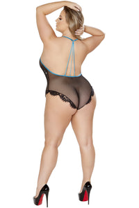 One Piece V-Shaped Eyelash Lace and Satin Teddy with Snap Bottom