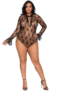 LI248 - Roma Confidential Plus Size Lingerie Elegant Long Sleeved Keyhole Teddy with Ruffle Detail & Snap Bottom Wholesale