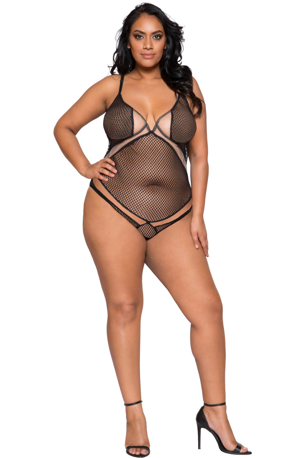 LI252 Roma Confidential Wholesale Plus Size Lingerie Black Two-Tone Multiple Cross Bodysuit