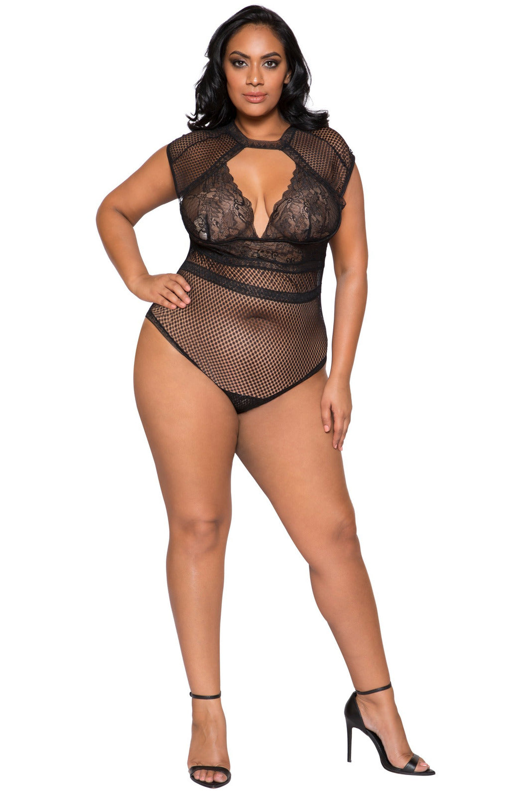 LI253 Roma Confidential Wholesale Plus Size Lingerie Black Cap Sleeve Keyhole Bodysuit with Snap Bottom