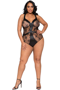 LI259 Roma Confidential Wholesale Plus Size Lingerie Black Satin and Lace Contrast Teddy with Snap Bottom