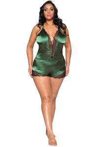 LI270 Roma Confidential Wholesale Plus Size Lingerie Green Elegant Eyelash Lace and Satin Romper with Button Detail