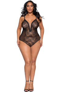 LI281 Roma Confidential Wholesale Plus Size Lingerie Black Sheer Lace and Mesh Bodysuit with Lace-Up Detail and Snap Bottom