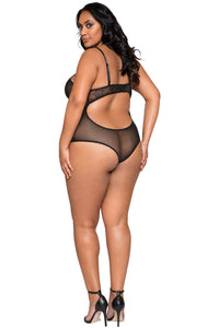 LI281 Roma Confidential Wholesale Plus Size Lingerie Black Sheer Lace and Mesh Bodysuit with Lace-Up Detail and Snap Bottom