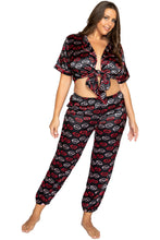 Lips Satin Pajama Set. Includes Collared Tie Top & Pants