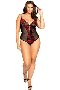 Floral Lace & Mesh Teddy with Lace-Up Trim