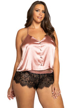 Elegant Pajama Set. Includes Satin Top with Button Closure & Eyelash Lace Boyshorts