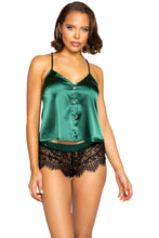 Elegant Pajama Set. Includes Satin Top with Button Closure & Eyelash Lace Boyshorts